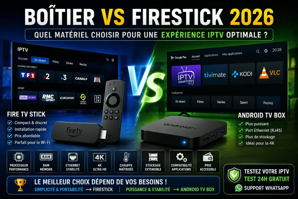 Boîtier Android TV IPTV vs Firestick 2026 : comparaison pour une expérience IPTV optimale