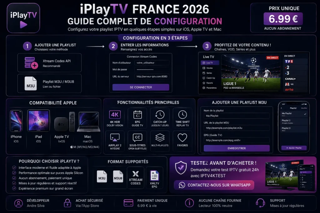 Configuration iPlayTV France 2026 avec playlist M3U, Xtream Codes et EPG sur Apple TV, iPhone et Mac