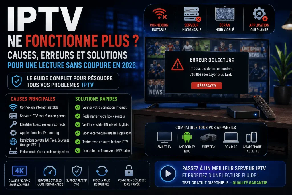 IPTV ne fonctionne plus en 2026 : causes, erreurs et solutions pour une lecture sans coupure