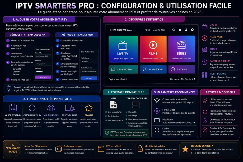 IPTV Smarters Pro : configuration, Xtream Codes, M3U, EPG et dépannage
