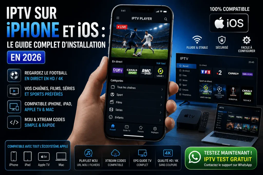 Guide d'installation de l'application IPTV on iPhone et iOS avec lecteur M3U et codes Xtream pour le streaming en direct.