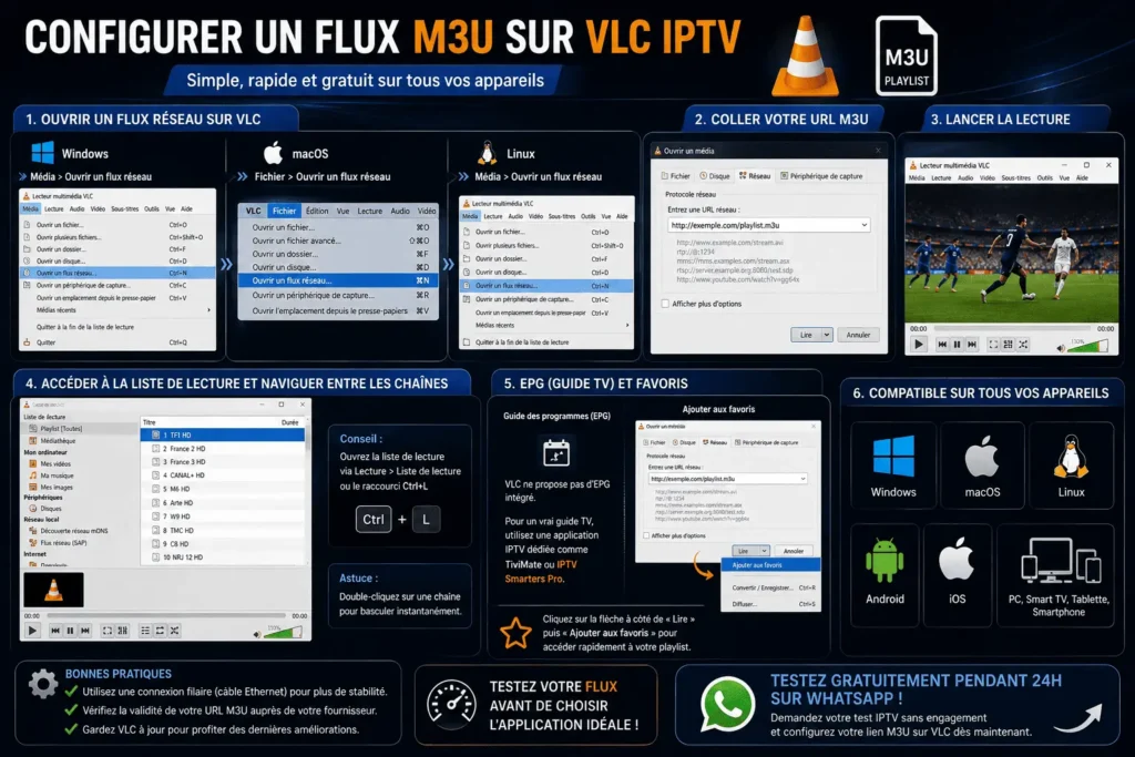 Configuration d’un flux M3U sur VLC IPTV avec étapes de lecture, playlist et réglages